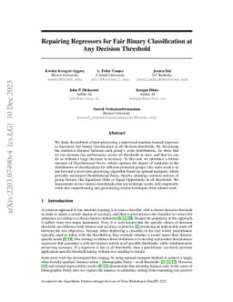 Repairing Regressors for Fair Binary Classification at Any Decision
  Threshold