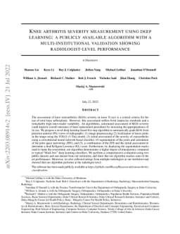 Knee arthritis severity measurement using deep learning: a publicly
  available algorithm with a multi-institutional validation showing
  radiologist-level performance
