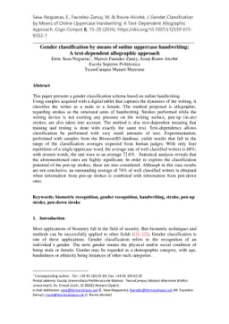 Gender classification by means of online uppercase handwriting: A
  text-dependent allographic approach