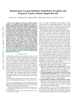 Reinforcement Learned Distributed Multi-Robot Navigation with Reciprocal
  Velocity Obstacle Shaped Rewards