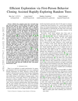 Efficient Exploration via First-Person Behavior Cloning Assisted
  Rapidly-Exploring Random Trees