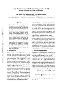 Single Model Ensemble for Subword Regularized Models in Low-Resource
  Machine Translation