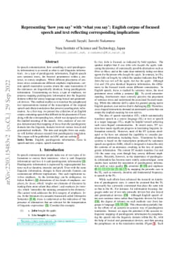 Representing 'how you say' with 'what you say': English corpus of
  focused speech and text reflecting corresponding implications
