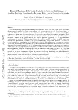 Effect of Balancing Data Using Synthetic Data on the Performance of
  Machine Learning Classifiers for Intrusion Detection in Computer Networks