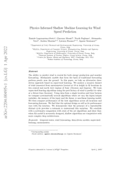 Physics Informed Shallow Machine Learning for Wind Speed Prediction