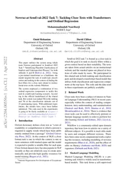 Nowruz at SemEval-2022 Task 7: Tackling Cloze Tests with Transformers
  and Ordinal Regression