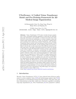UNetFormer: A Unified Vision Transformer Model and Pre-Training
  Framework for 3D Medical Image Segmentation