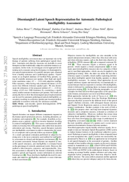 Disentangled Latent Speech Representation for Automatic Pathological
  Intelligibility Assessment