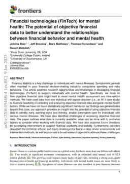 Financial technologies (FinTech) for mental health: The potential of
  objective financial data to better understand the relationships between
  financial behavior and mental health