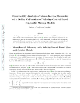 Observability Analysis of Visual-Inertial Odometry with Online
  Calibration of Velocity-Control Based Kinematic Motion Models