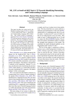ML_LTU at SemEval-2022 Task 4: T5 Towards Identifying Patronizing and
  Condescending Language