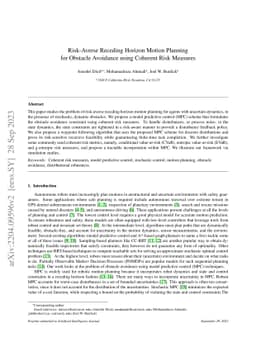 Risk-Averse Receding Horizon Motion Planning for Obstacle Avoidance
  using Coherent Risk Measures