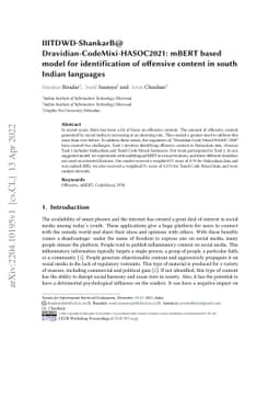 IIITDWD-ShankarB@ Dravidian-CodeMixi-HASOC2021: mBERT based model for
  identification of offensive content in south Indian languages
