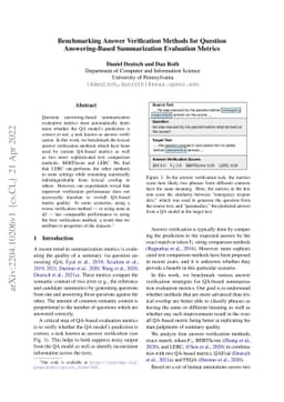Benchmarking Answer Verification Methods for Question Answering-Based
  Summarization Evaluation Metrics