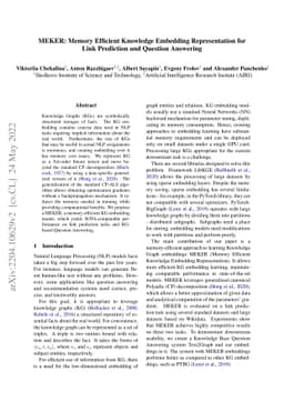 MEKER: Memory Efficient Knowledge Embedding Representation for Link
  Prediction and Question Answering