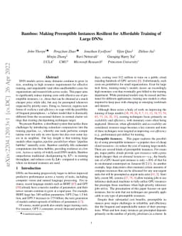 Bamboo: Making Preemptible Instances Resilient for Affordable Training
  of Large DNNs