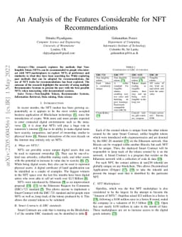 An Analysis of the Features Considerable for NFT Recommendations