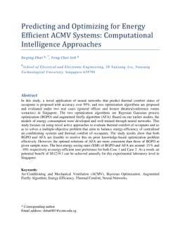 Predicting and Optimizing for Energy Efficient ACMV Systems:
  Computational Intelligence Approaches