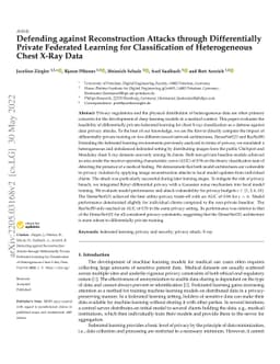 Defending against Reconstruction Attacks through Differentially Private
  Federated Learning for Classification of Heterogeneous Chest X-Ray Data