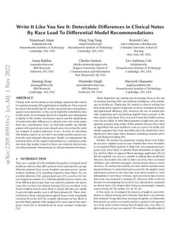 Write It Like You See It: Detectable Differences in Clinical Notes By
  Race Lead To Differential Model Recommendations