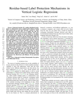 Residue-based Label Protection Mechanisms in Vertical Logistic
  Regression
