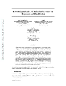 Robust Regularized Low-Rank Matrix Models for Regression and
  Classification