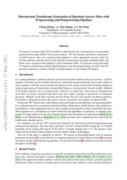 Downstream Transformer Generation of Question-Answer Pairs with
  Preprocessing and Postprocessing Pipelines