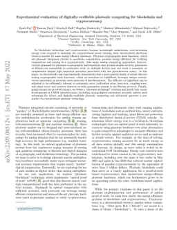 Experimental evaluation of digitally-verifiable photonic computing for
  blockchain and cryptocurrency