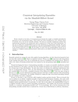 Consistent Interpolating Ensembles via the Manifold-Hilbert Kernel