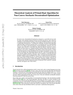 Theoretical Analysis of Primal-Dual Algorithm for Non-Convex Stochastic
  Decentralized Optimization