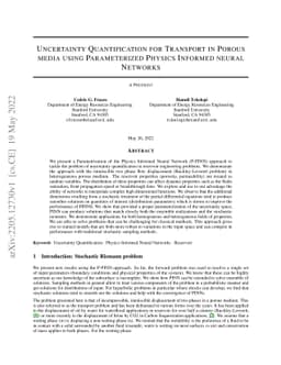 Uncertainty Quantification for Transport in Porous media using
  Parameterized Physics Informed neural Networks