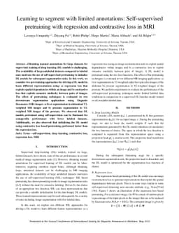 Learning to segment with limited annotations: Self-supervised
  pretraining with regression and contrastive loss in MRI