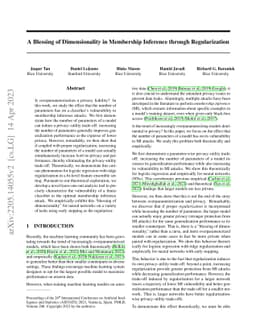 A Blessing of Dimensionality in Membership Inference through
  Regularization