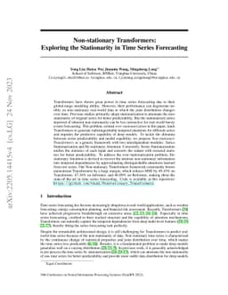 Non-stationary Transformers: Exploring the Stationarity in Time Series
  Forecasting