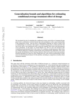 Generalization bounds and algorithms for estimating conditional average
  treatment effect of dosage