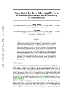 Excess Risk of Two-Layer ReLU Neural Networks in Teacher-Student
  Settings and its Superiority to Kernel Methods