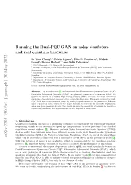Running the Dual-PQC GAN on noisy simulators and real quantum hardware