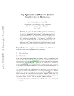 Key Agreement and Oblivious Transfer from Free-Energy Limitations