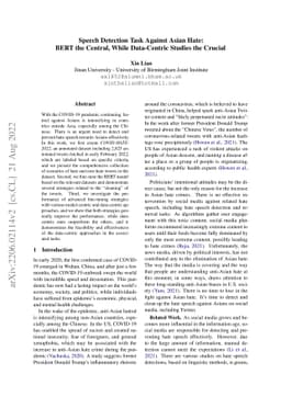 Speech Detection Task Against Asian Hate: BERT the Central, While
  Data-Centric Studies the Crucial