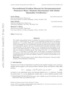 Preconditioned Gradient Descent for Overparameterized Nonconvex Burer--Monteiro Factorization with Global Optimality Certification