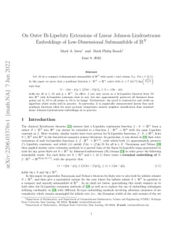 On Outer Bi-Lipschitz Extensions of Linear Johnson-Lindenstrauss
  Embeddings of Low-Dimensional Submanifolds of $\mathbb{R}^N$