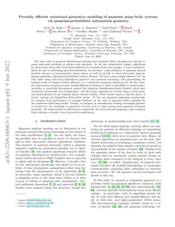 Provably efficient variational generative modeling of quantum many-body
  systems via quantum-probabilistic information geometry