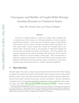 Convergence and Stability of Coupled Belief--Strategy Learning Dynamics
  in Continuous Games