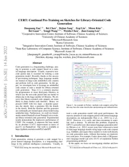CERT: Continual Pre-Training on Sketches for Library-Oriented Code
  Generation