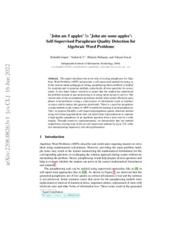 'John ate 5 apples' != 'John ate some apples': Self-Supervised
  Paraphrase Quality Detection for Algebraic Word Problems