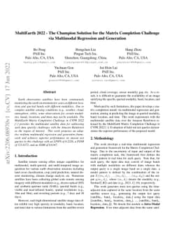 MultiEarth 2022 -- The Champion Solution for the Matrix Completion
  Challenge via Multimodal Regression and Generation