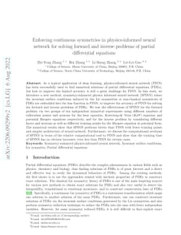 Enforcing continuous symmetries in physics-informed neural network for
  solving forward and inverse problems of partial differential equations