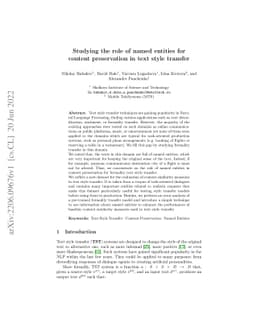 Studying the role of named entities for content preservation in text
  style transfer