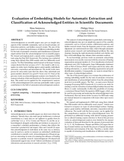 Evaluation of Embedding Models for Automatic Extraction and
  Classification of Acknowledged Entities in Scientific Documents