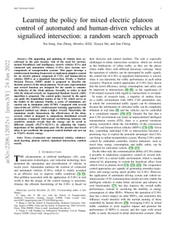 Learning the policy for mixed electric platoon control of automated and
  human-driven vehicles at signalized intersection: a random search approach